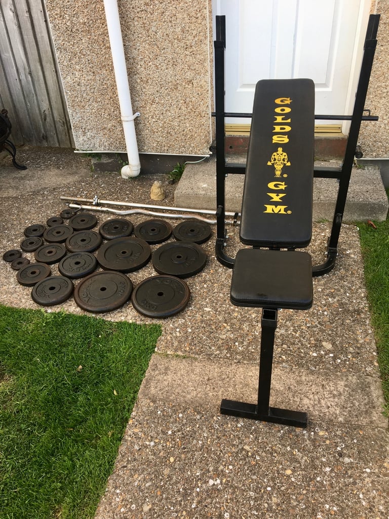 image for Weight bench,84kg cast iron weight plates,2 bars