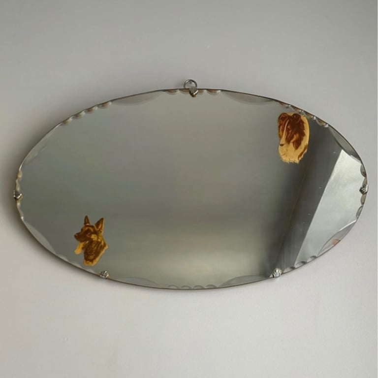 Vintage mid-century Frameless Mirror Art Deco Bevelled Painted Dog 20’s 30’s shell metal