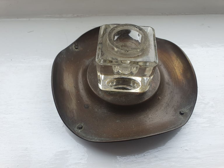 image for Antique Glass Inkwell, With Metal Stand