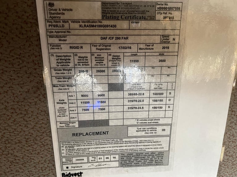 DAF CF290 *EURO 6*, 6X2 26 TONNE INSULATED FRIDGE/FREEZER – 2016 – PF65 LLD