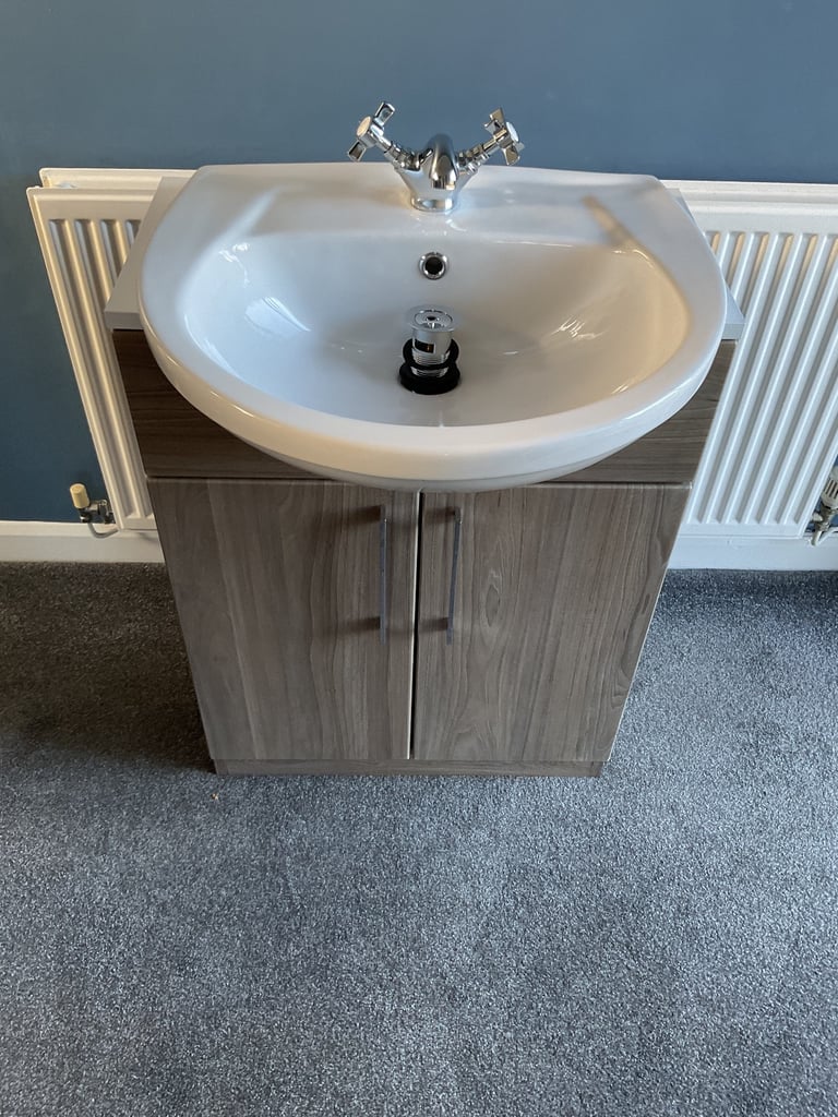 Dark Elm &white 600mm slimline vanity with semi recessed basin, mixer & waste