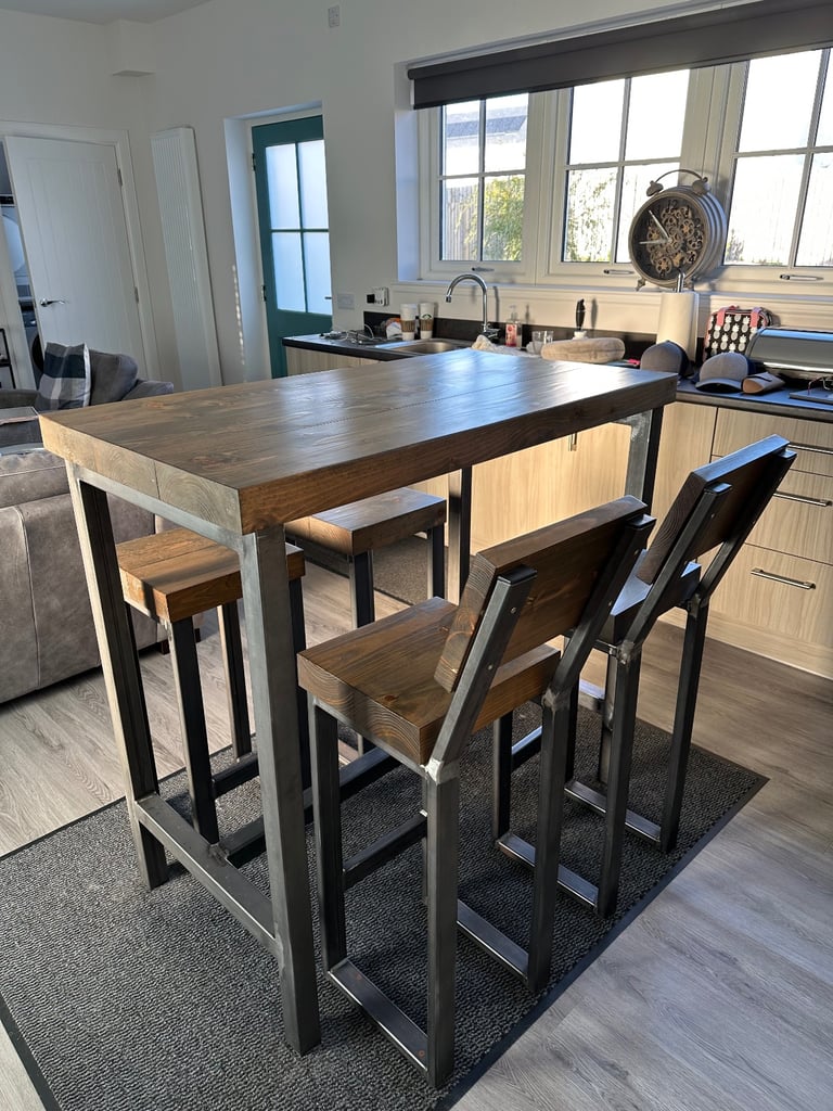 image for Industrial Kitchen Set Breakfast Table and Chairs for 4 | High Bar with Stools - very good condition