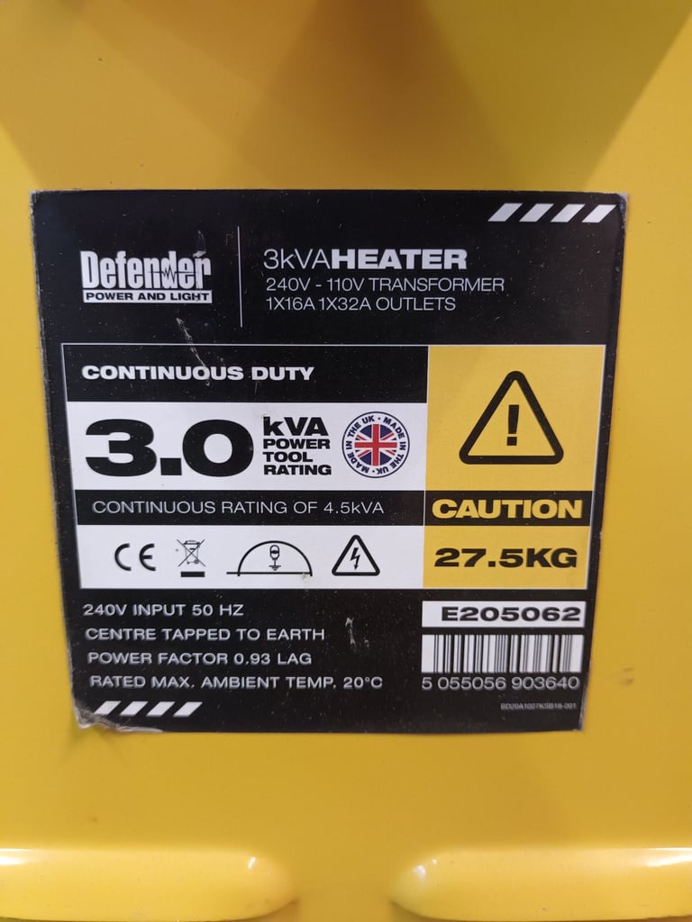 3kVa Heavy Duty Transformer - 240v to 110v - Defender E205062 - in very good condition