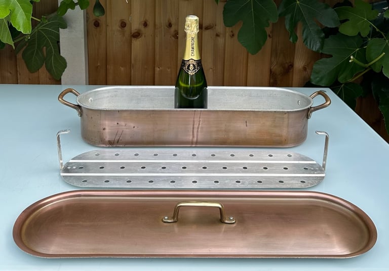 LARGE VINTAGE FRENCH COPPER FISH KETTLE, POISSONIERE, POACHER, L70cm - TOURNUS FRANCE - WILL POST!