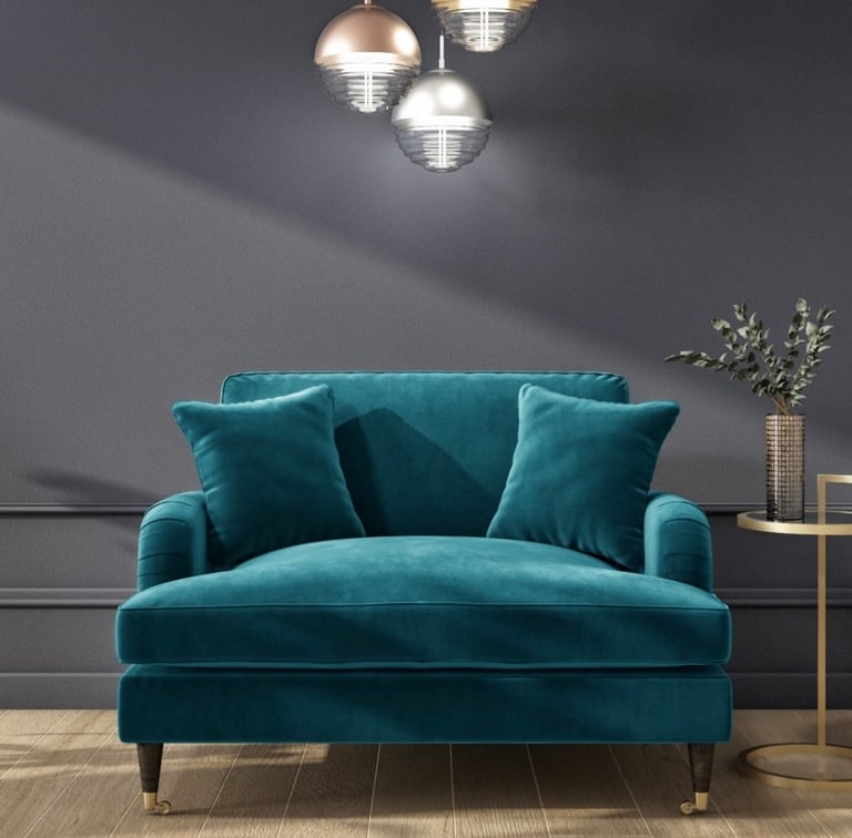 image for Velvet 2 Seater Loveseat Sofa Couch in Blue with Cushions