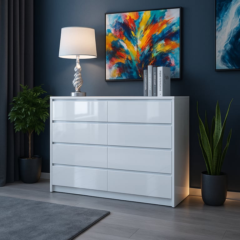 image for White High Gloss 8 Drawer Chest – Modern Handleless Sleek Bedroom Storage