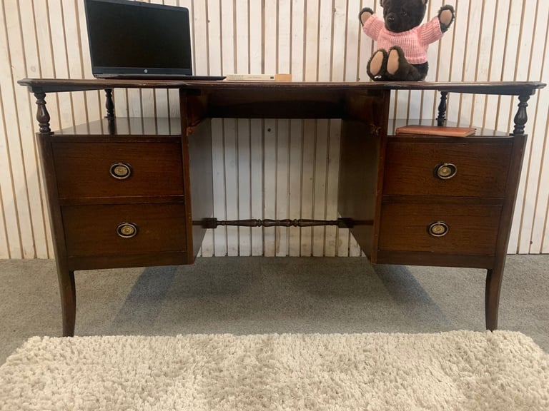 image for Vintage kneehole Desk with Four Drawers, Red Leather Inset.