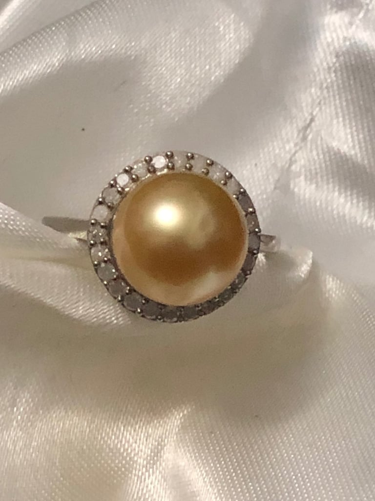 Golden South Sea Pearl Diamond ring Size N silver 925 platinum overlay New