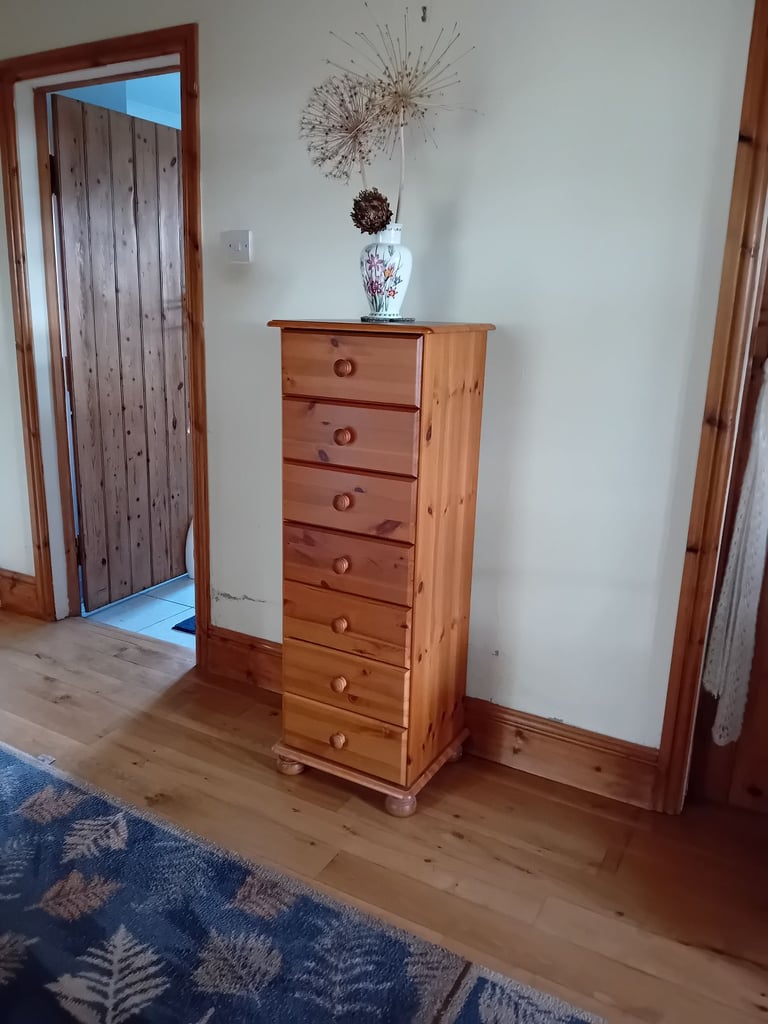image for Modern Set of 7 TALL DRAWERS pine wood with bun feet L44 x W38 x H122 cm