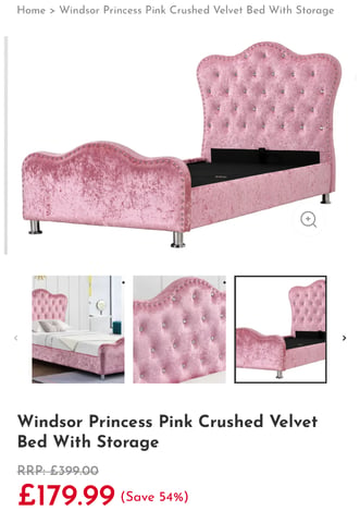 Windsor Princess Pink Crushed Velvet Bed With Storage