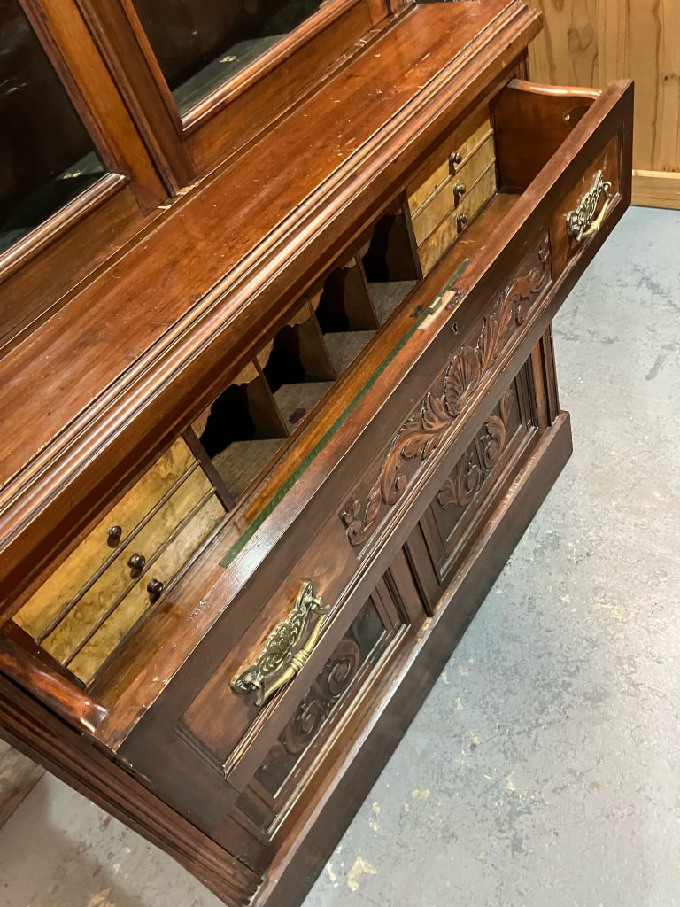 Stunning Handsome Vintage HUGE Oak Bookcase Secretaire Desk Cabinet with Glass Doors- Delivery