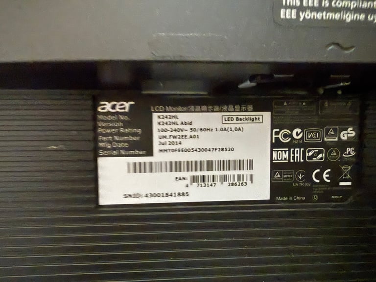 Acer monitor k242hl 24 inch 