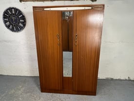 Vintage Teak Veneer Double Wardrobe Recangle Centre Mirror Lock & Key