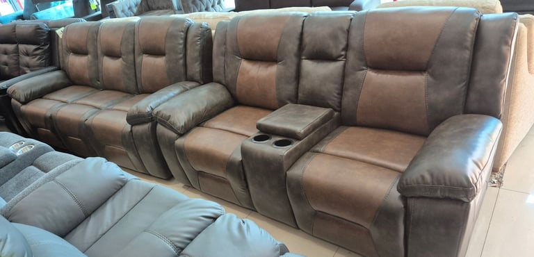 Dark Grey and Brown Manual Recliner 3+2 Seater Sofa Set 
