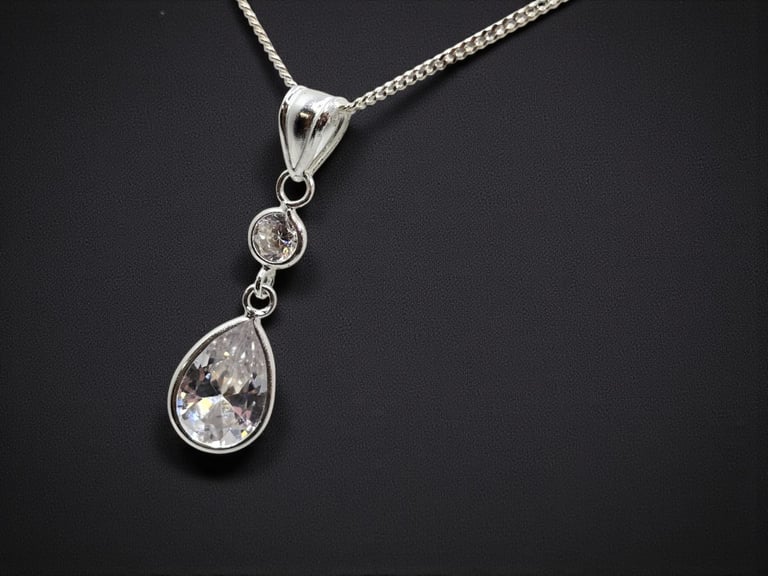 Sterling 925 Silver Drop CZ Pendant & Chain