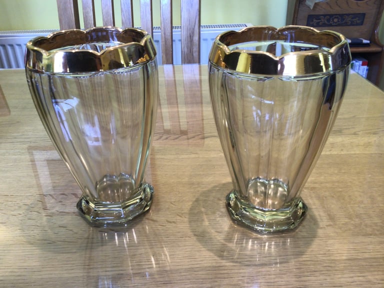 Pair of Beautiful Victorian Fluted Celery Glasses or Vases with Gilded Rims