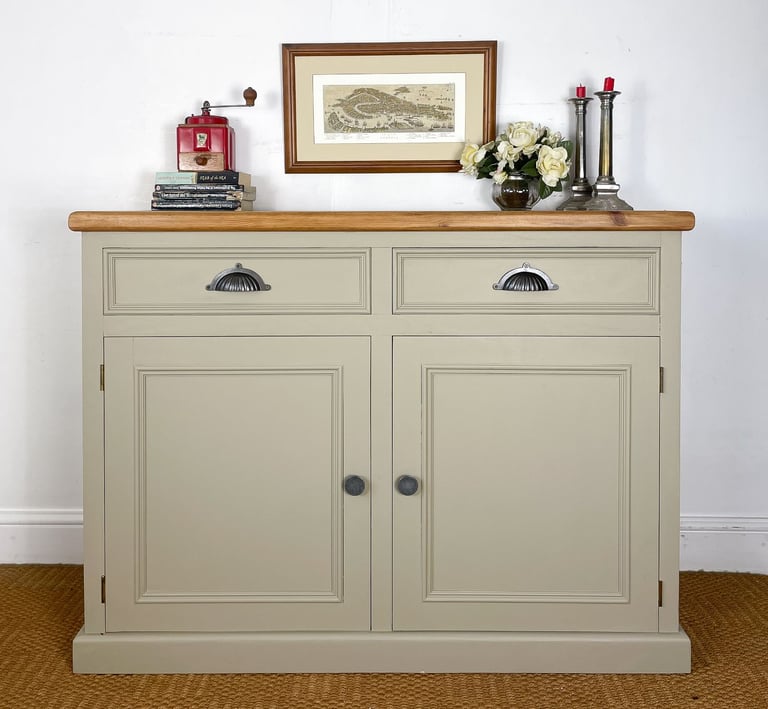 image for Large 4ft Extra thick chunky solid pine sideboard chest of drawers cupboard pewter pulls