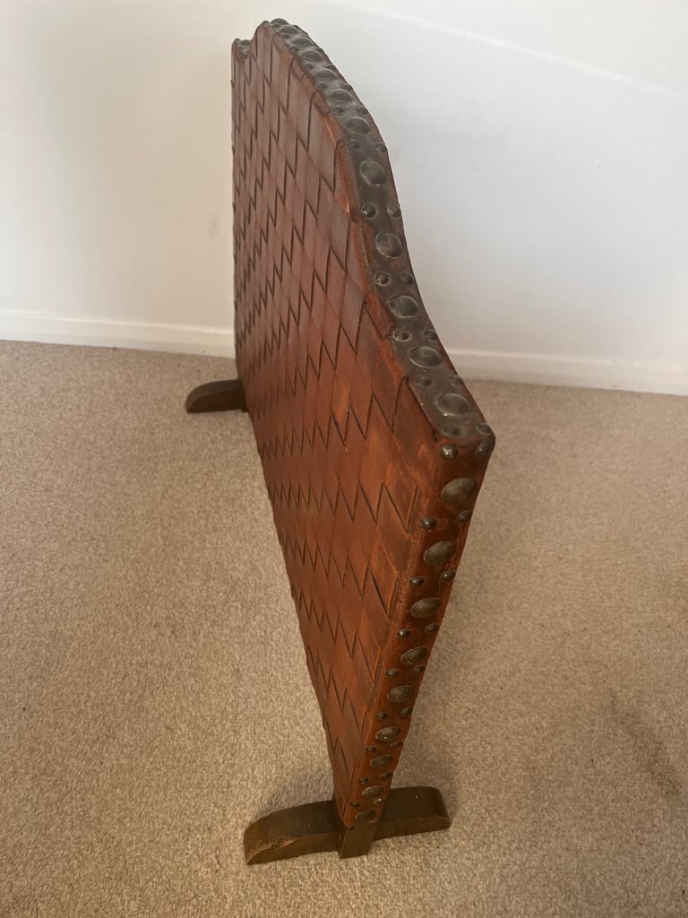 Arts and Crafts Oak and Woven Studded Leather Fire Screen. 