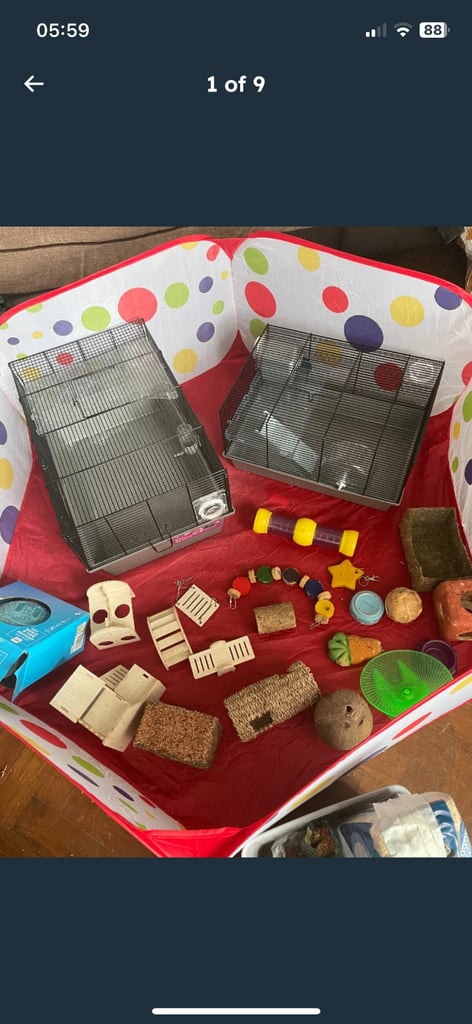 2 hamster cages ,equipment/ toys / treats / bedding etc