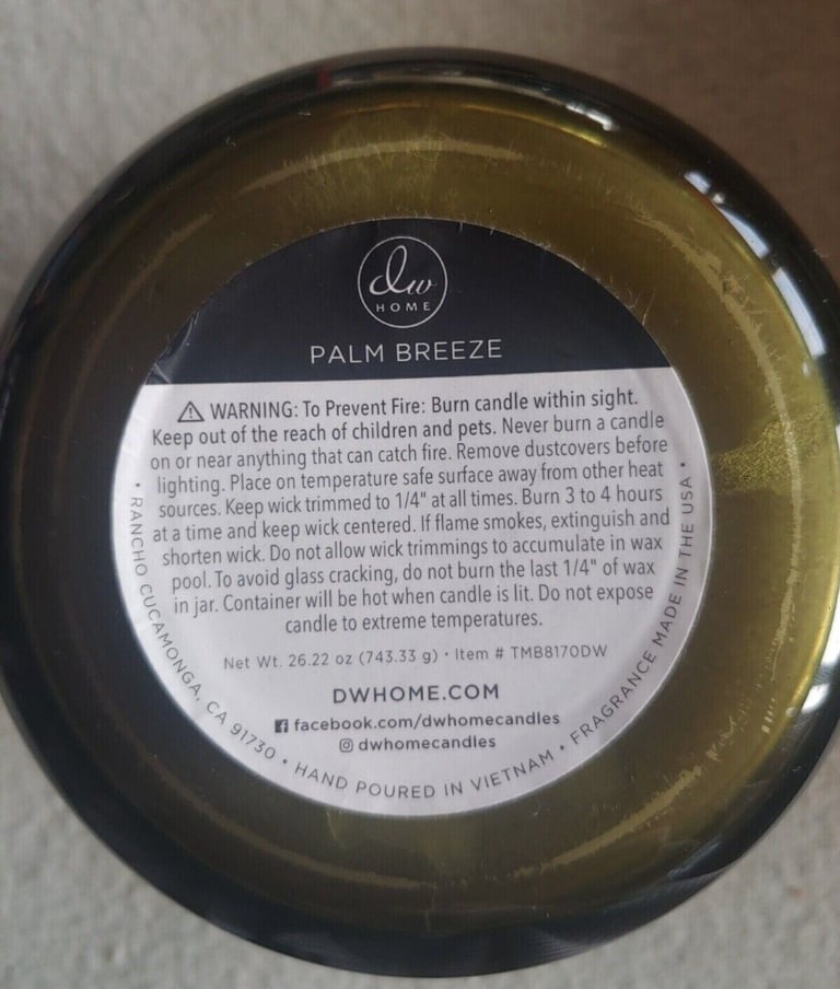 New DW Home Palm Breeze Scented XXL Large Candle 743g 26.2oz Burn 90 Hrs