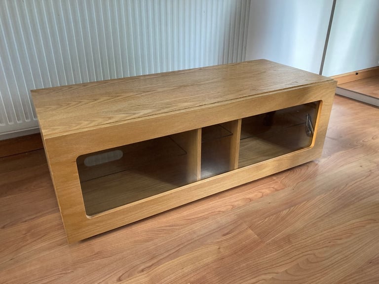Pine TV stand with shelves, storage and glass fronted door