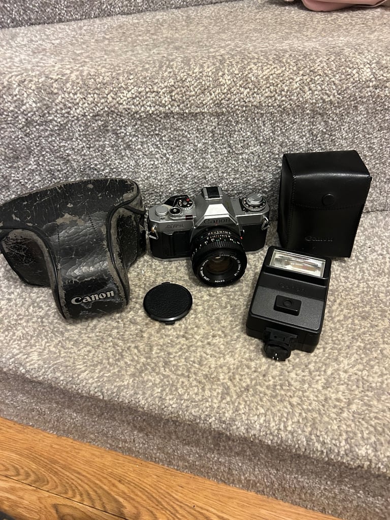 image for canon av 1 35mm film camera with 177a canon flash attachment & original carry case