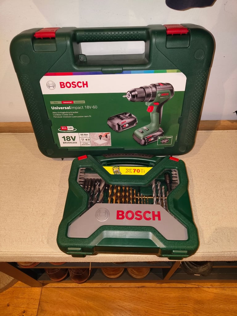 image for Bosch Universal Impact 18V-60 Cordless Hammer Drill and 70-Piece Drill Bit Set