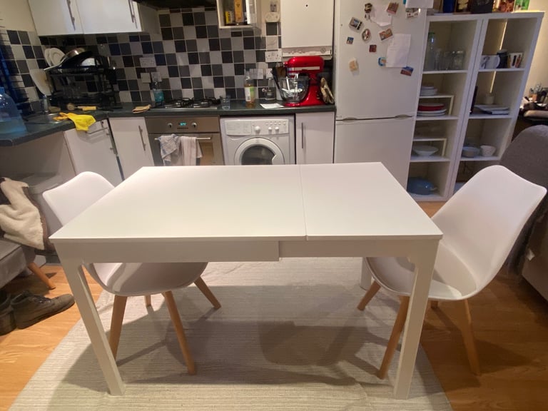 Ekedalen IKEA White Extendable Table & 2 White Dining Chairs