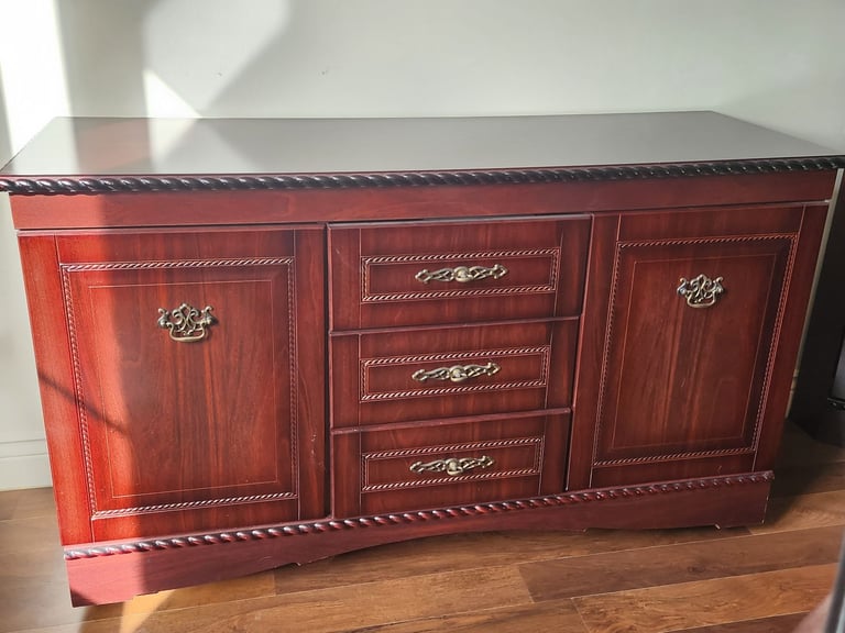 Solid Wood Mahogany Sideboard Cupboard & Drawers Unit with Carving & Brass Pulls