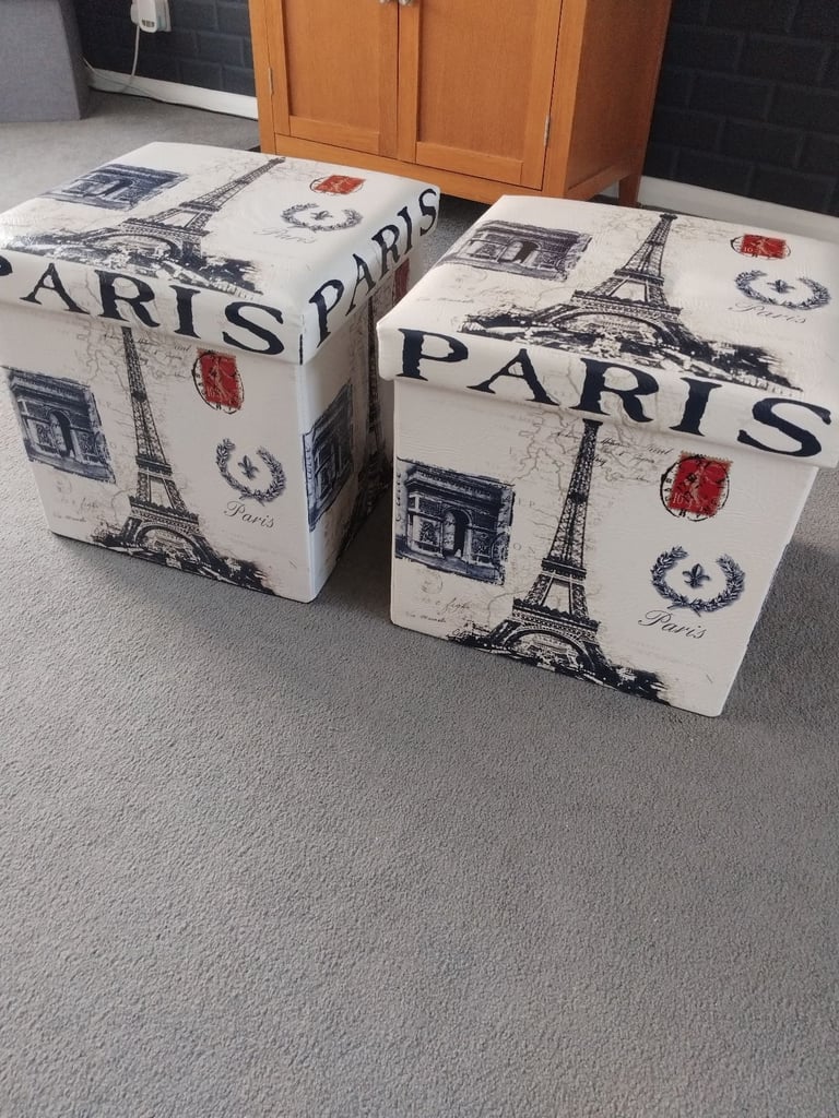 2 x ottoman Paris themed storage boxes. Good condition, with lids. UNUSUAL