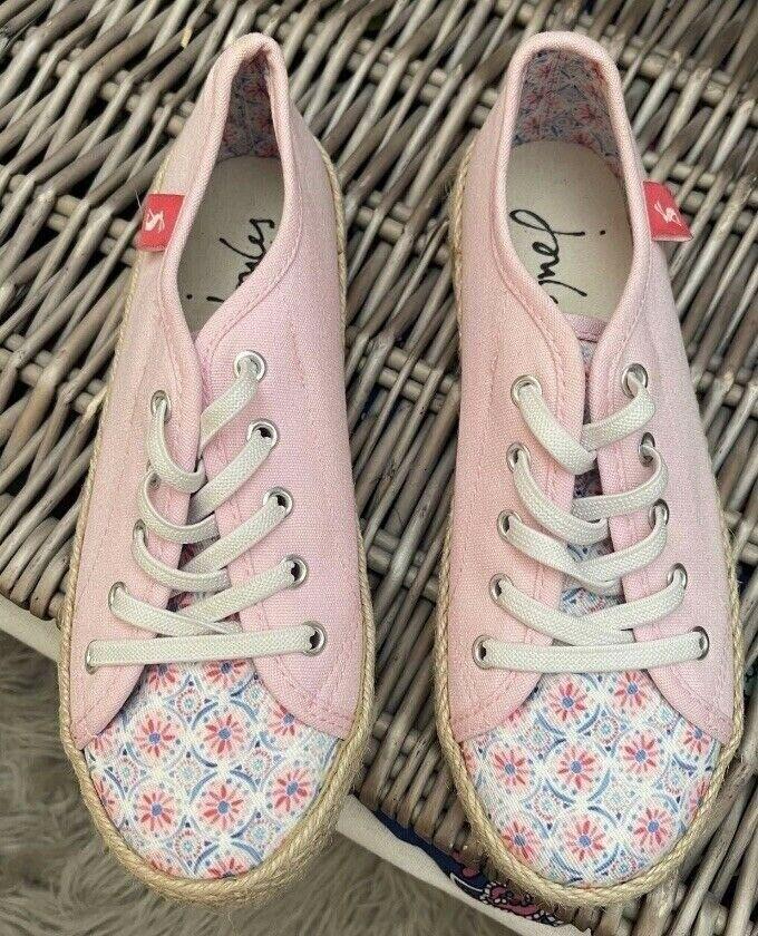 Girls Joules Pink With Pink/Blue Pattern Toe, Canvas Pump. Size 2. Never worn