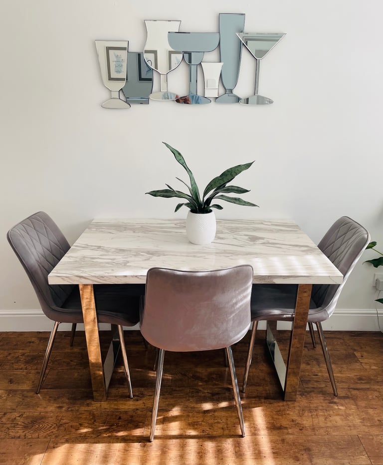 image for Grey and white marble effect dining table with 3 chairs 