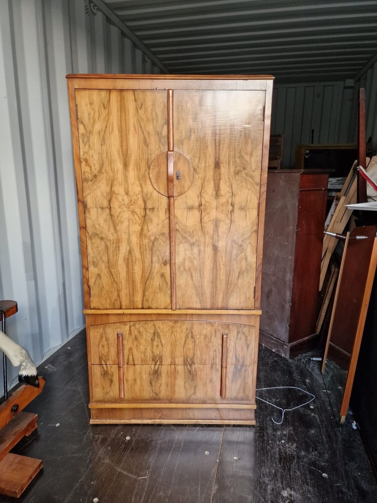 1930’s Art Deco Walnut Two Door Cupboard Over Two Drawers 