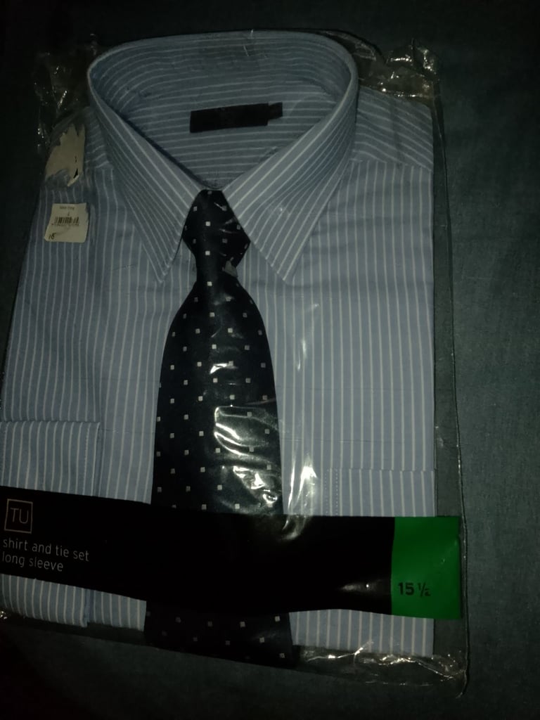 Mans blue and white striped shirt with tie 15 and a half collar brand new in packaging Sainsbury's 