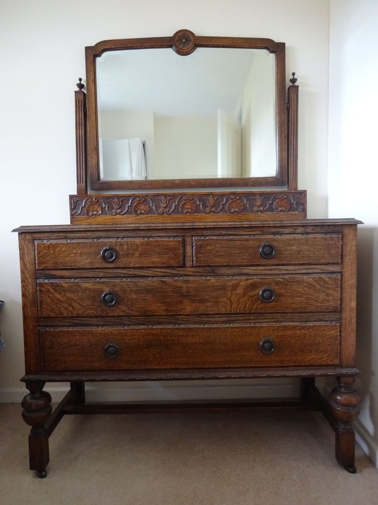 ANTIQUE OAK DRESSING TABLE & CARVED UPSTAND WITH REMOVEABLE MIRROR