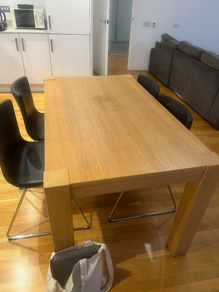 image for Solid Oak Dining Table and 4 Modern Black Chairs