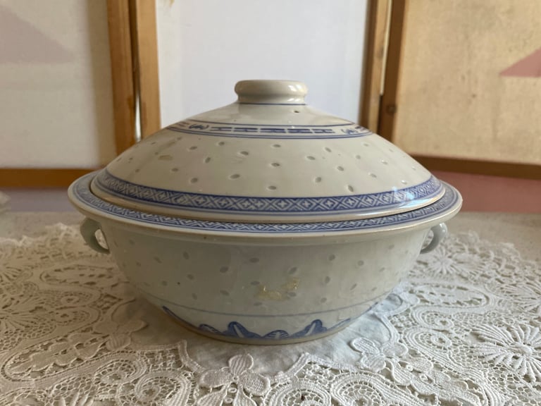 Vintage Large Ceramic Soup / Serving Tureen with Lid. Blue & White & embossed decorations.