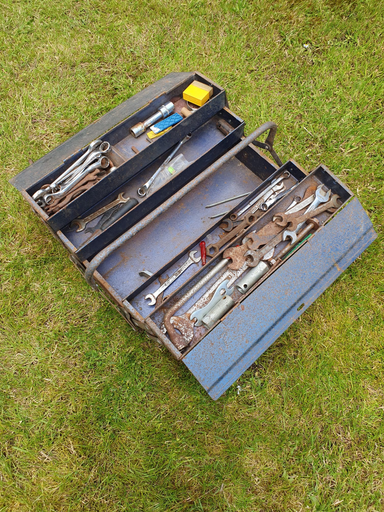 image for Vintage folding cantilever toolbox with tools