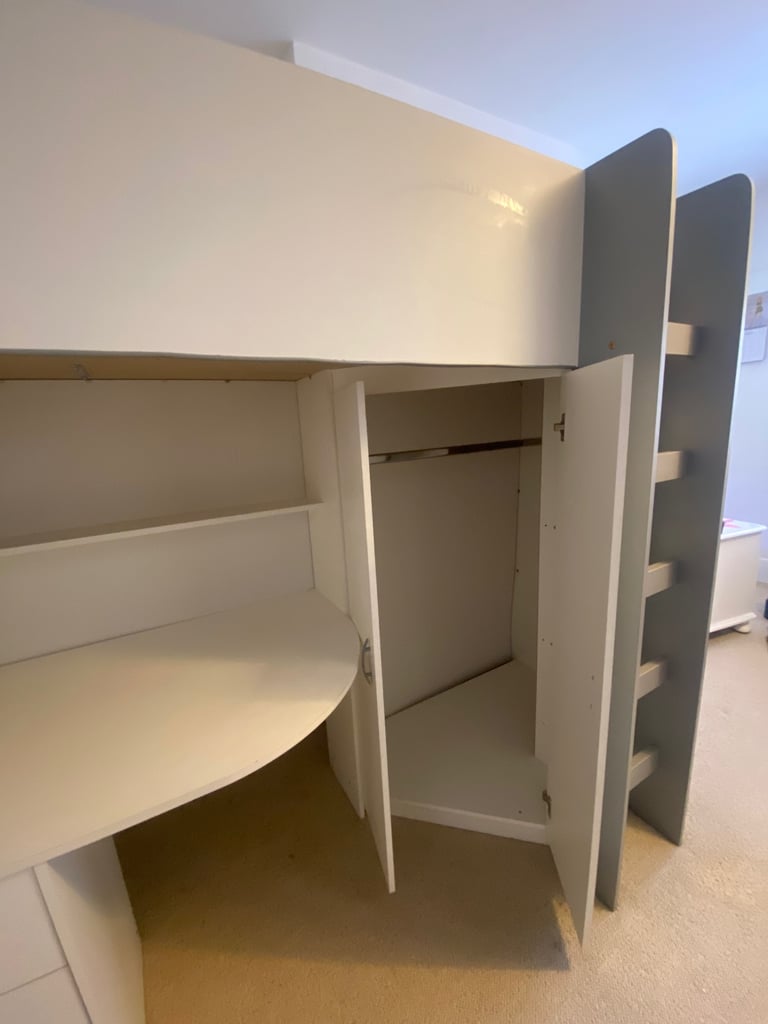 Calder high sleeper bed with desk, wardrobe and bookshelves 
