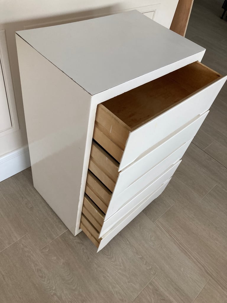 White 5-Drawer Chest of Drawers – Built-in Handle Design, Tongue & Groove Drawers