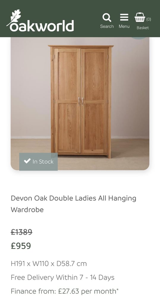 Solid oak ladies and gents 2x wardrobe Devon range from Oak World excellent condition