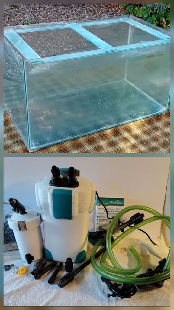 image for Large fish tank, with external filter, light and heater and 2 acylic sheet covers 200l.