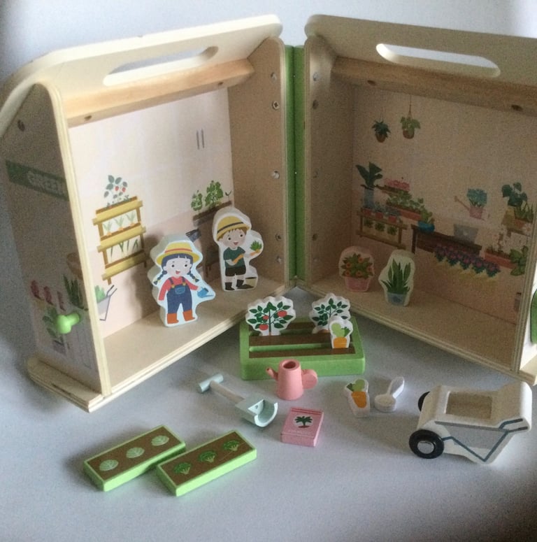 Little Town Wooden Green House with figures and accessories wood toys