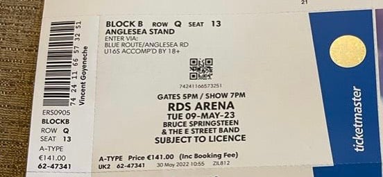 Bruce Springsteen Dublin. Ticket