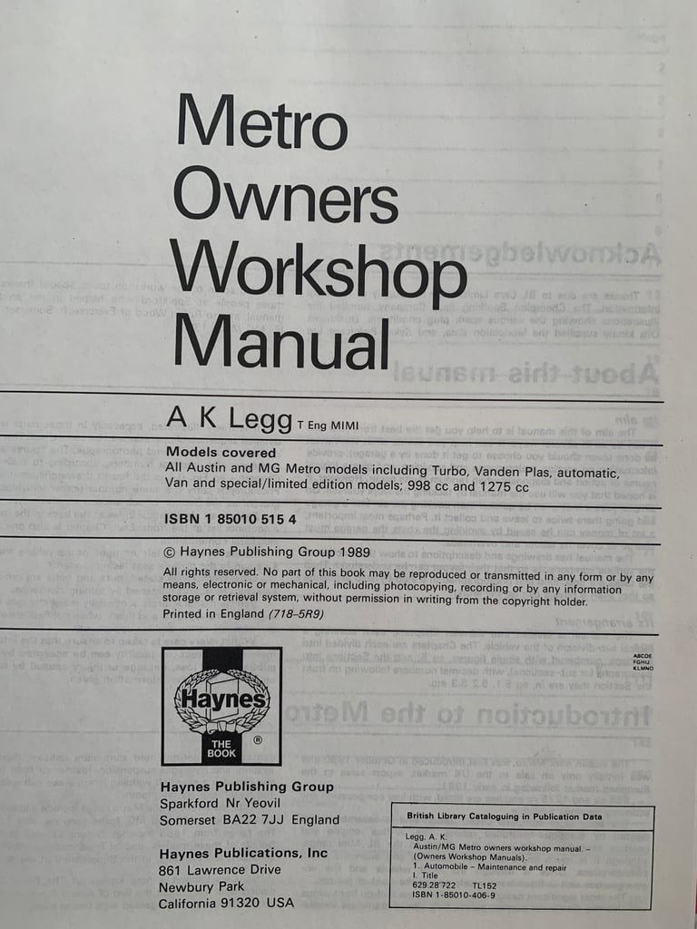 1 x used Austin Metro (MG, Vanden Plas) workshop manual by Haynes