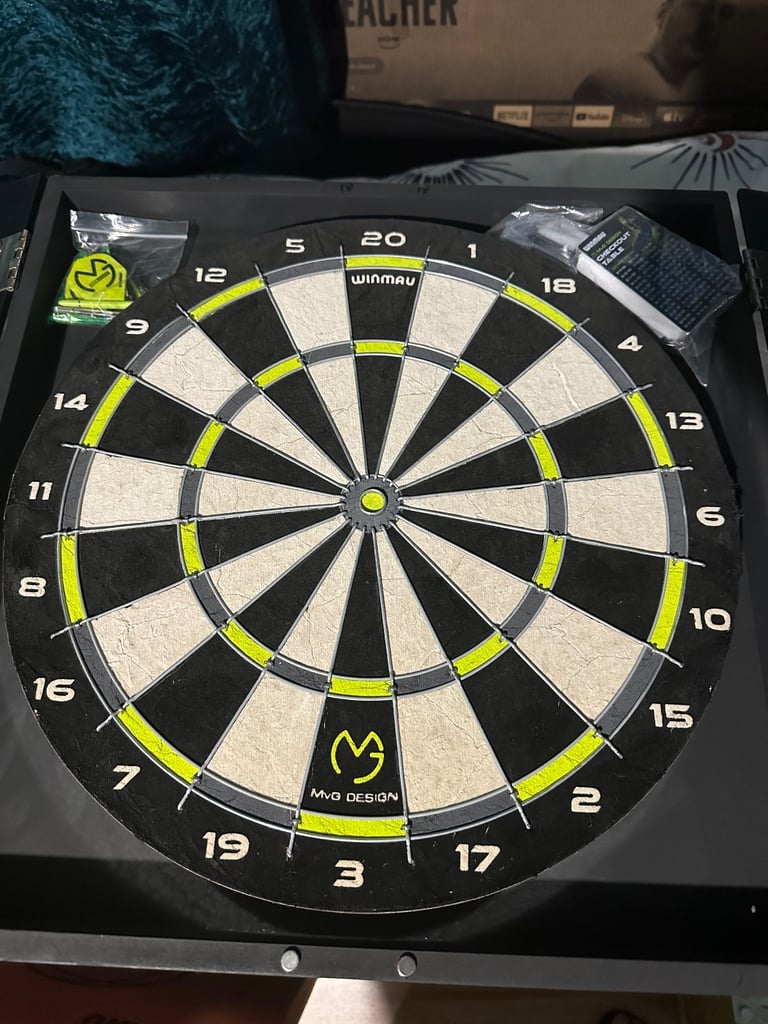 (Brand New) WINMAU Michael Van Gerwen MVG Dartboard With Cabinet, Darts and Accessories