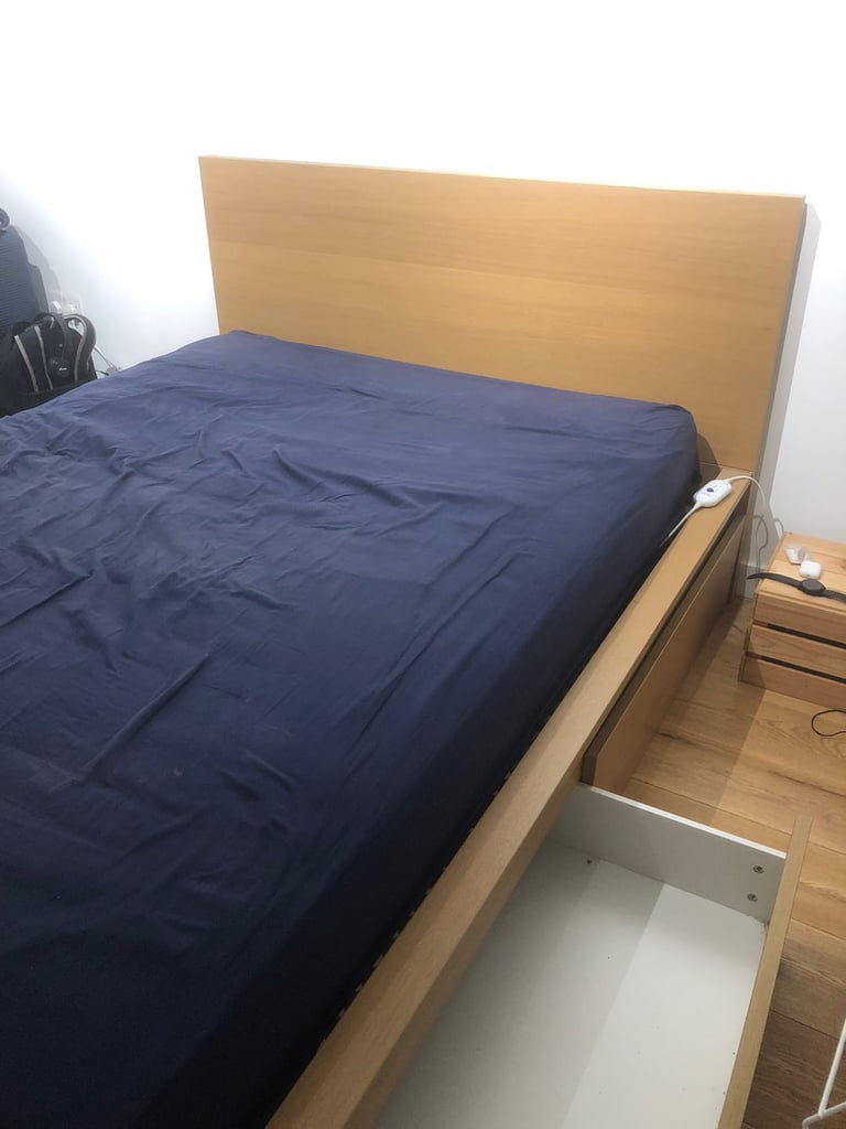 image for Ikea King Bed Frame + Mattress w/underneath storage