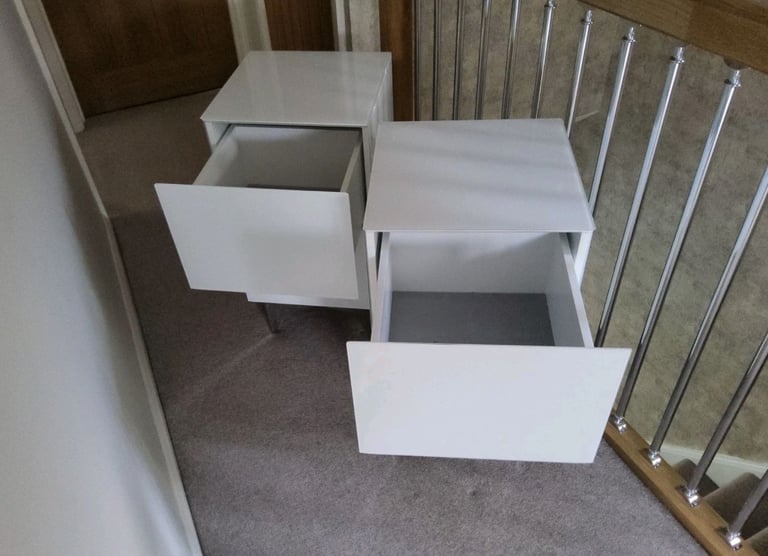 2 x White Sloane Glass Collection Luxe 2 Drawer Bedside Tables With Metal Legs