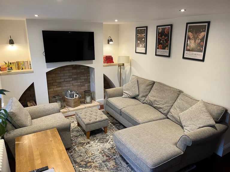 Next grey corner sofa, armchair, chesterfield footstool (Furniture set)