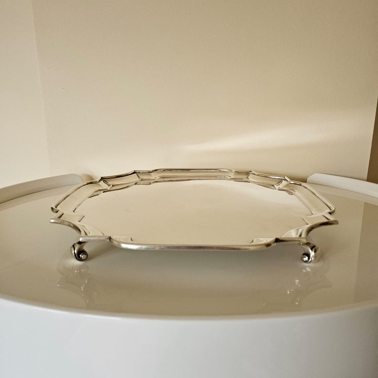 12 inch  Heavy Square Antique Sterling Silver Salver, London, 1052g 